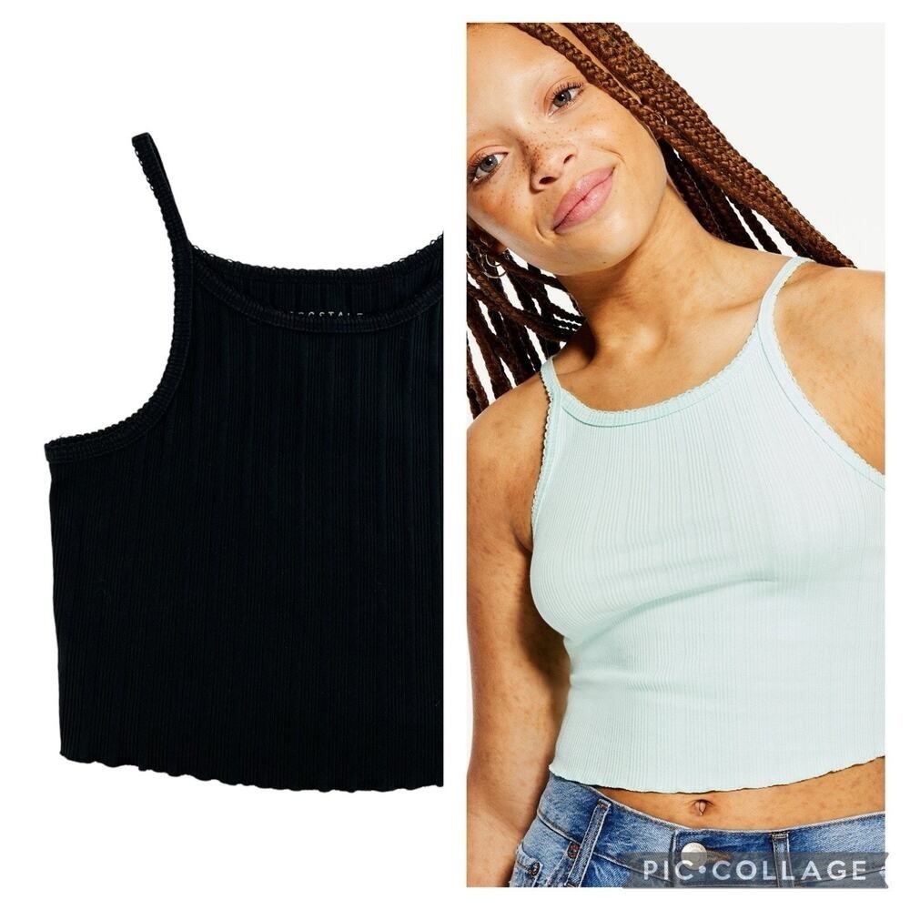Aeropostale Lâ Ribbed High Neck Cropped Cami Top Lettuce Hem Grunge Whimsy Goth